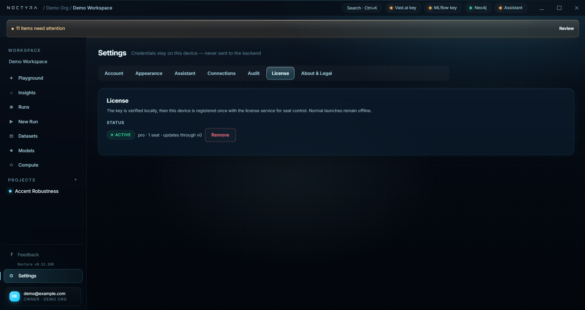 Noctyra active license screen