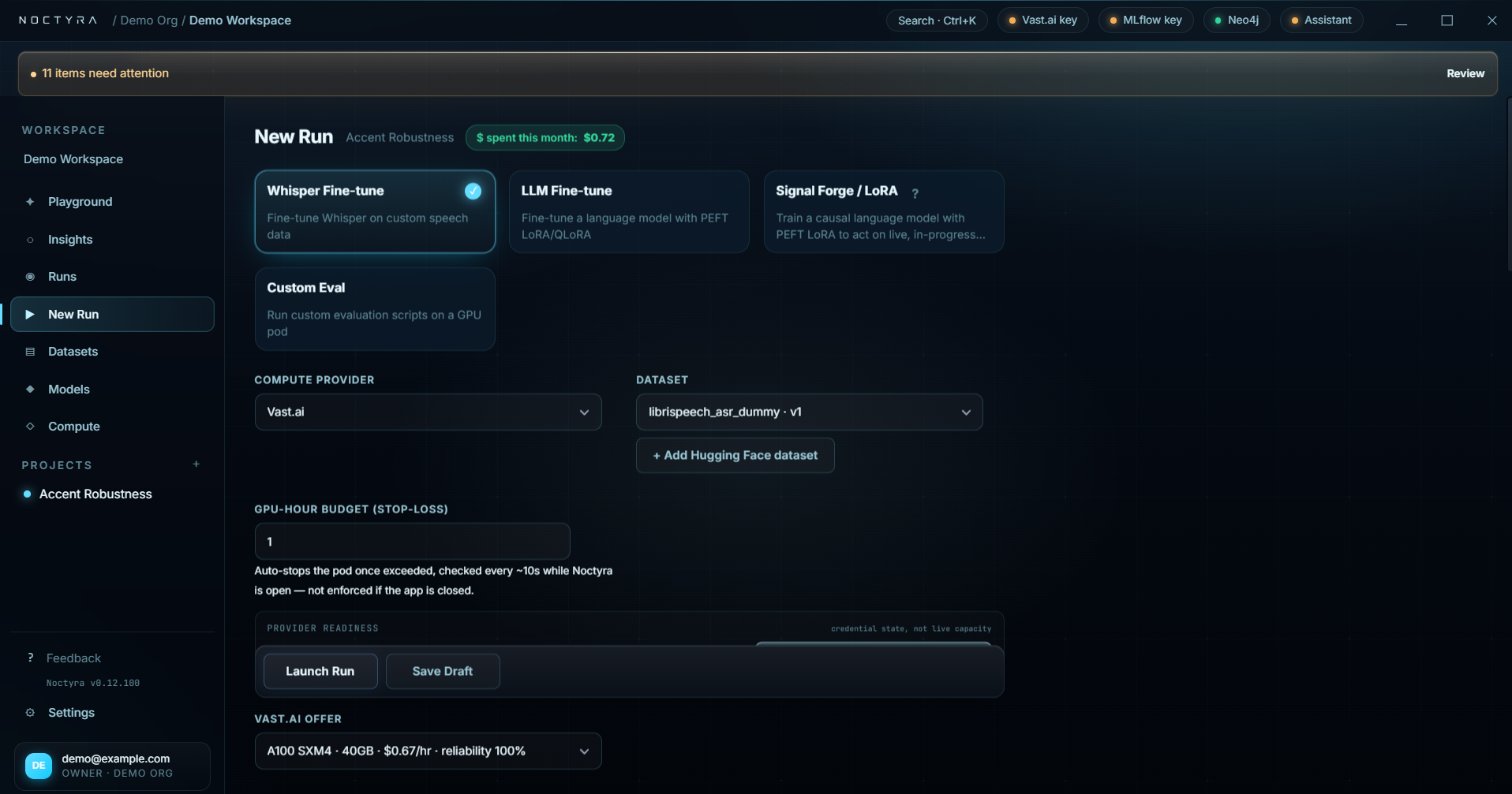 Noctyra new run setup screen